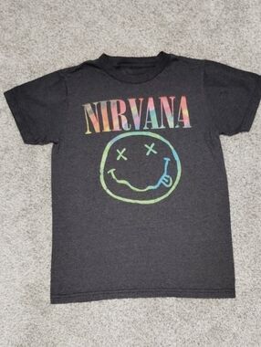 NIRVANA Kids Black Tee with Rainbow Logo and Smiley